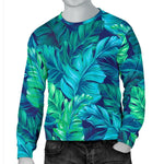 Turquoise Tropical Leaf Pattern Print Men's Crewneck Sweatshirt GearFrost