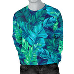 Turquoise Tropical Leaf Pattern Print Men's Crewneck Sweatshirt GearFrost