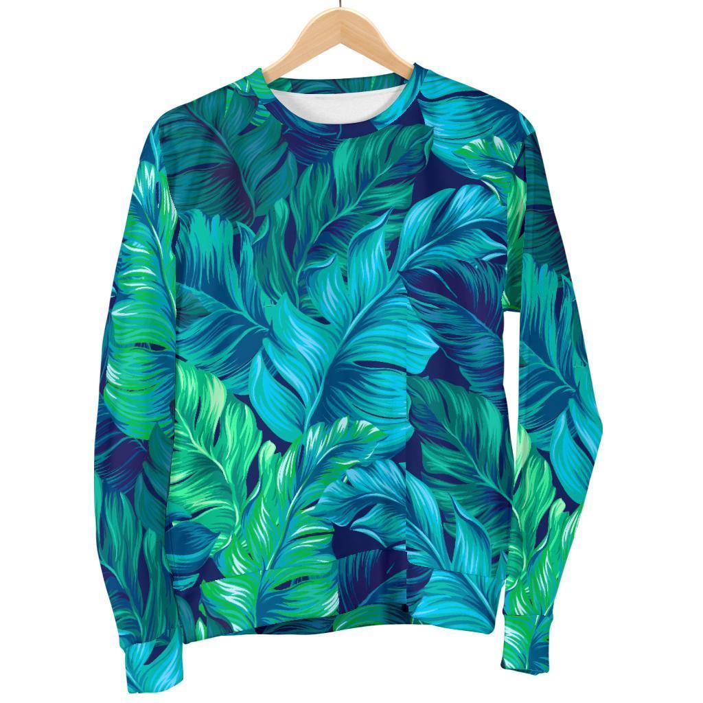 Turquoise Tropical Leaf Pattern Print Men's Crewneck Sweatshirt GearFrost