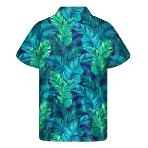 Turquoise Tropical Leaf Pattern Print Men's Short Sleeve Shirt