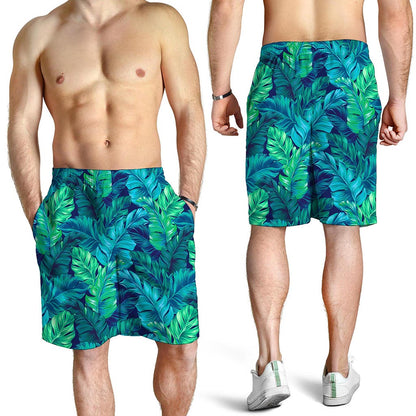 Turquoise Tropical Leaf Pattern Print Men's Shorts