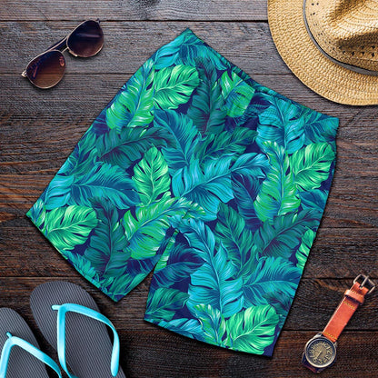 Turquoise Tropical Leaf Pattern Print Men's Shorts