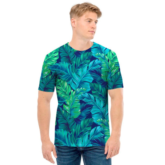 Turquoise Tropical Leaf Pattern Print Men's T-Shirt