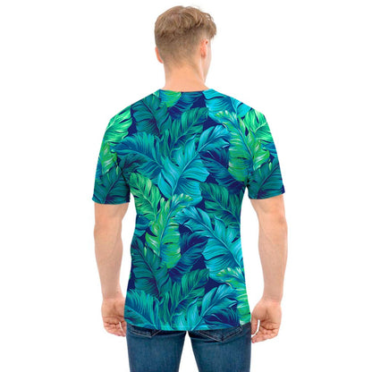 Turquoise Tropical Leaf Pattern Print Men's T-Shirt
