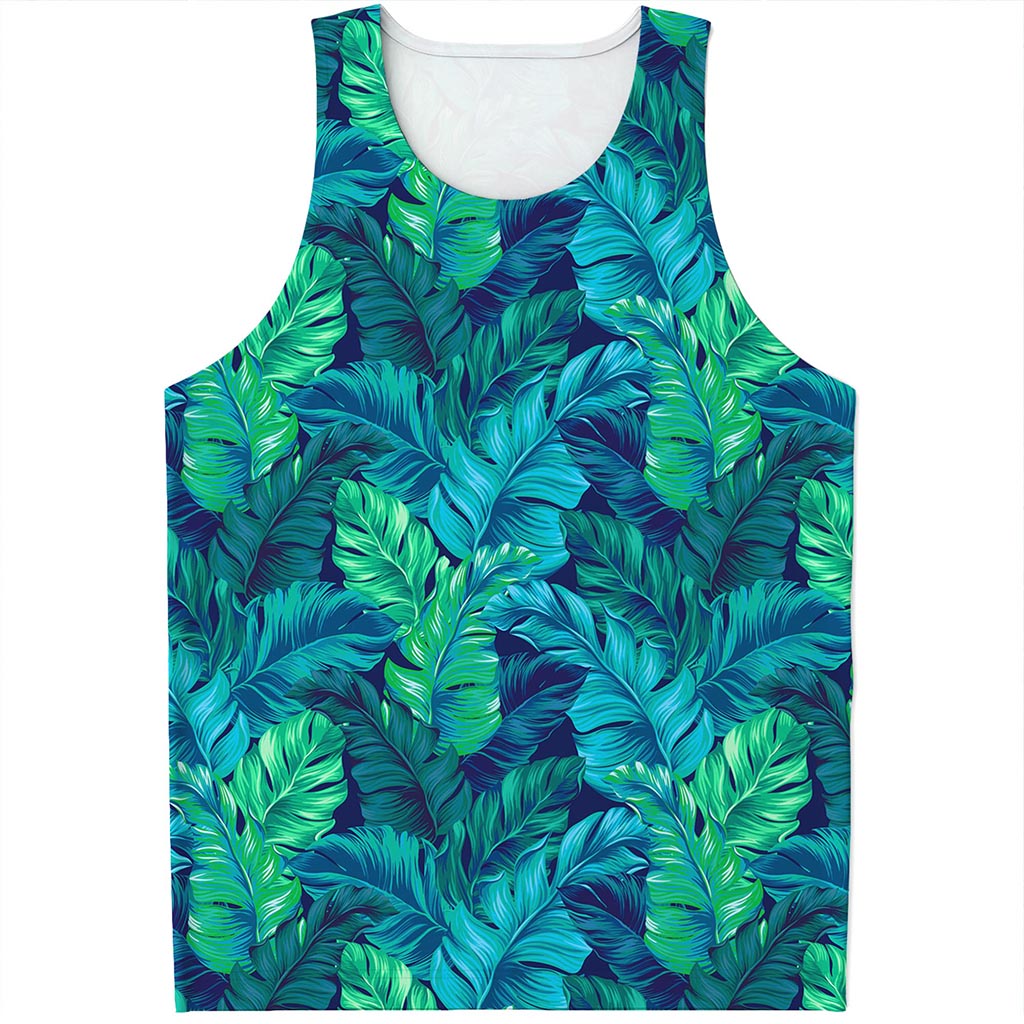 Turquoise Tropical Leaf Pattern Print Men's Tank Top