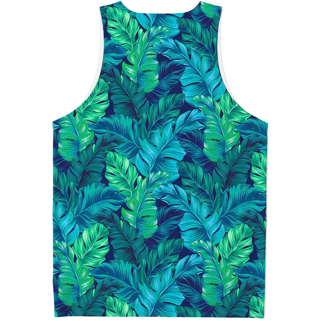 Turquoise Tropical Leaf Pattern Print Men's Tank Top
