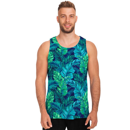 Turquoise Tropical Leaf Pattern Print Men's Tank Top