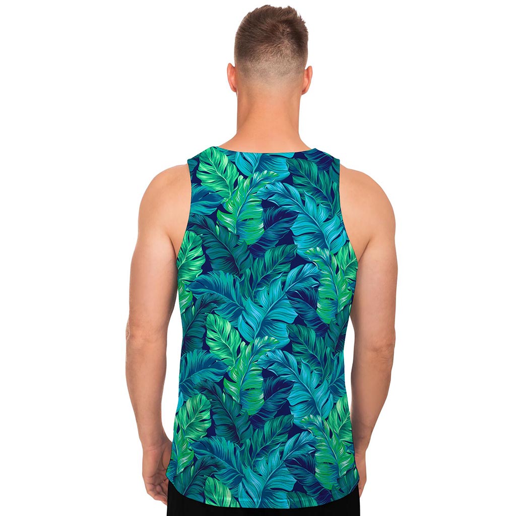 Turquoise Tropical Leaf Pattern Print Men's Tank Top