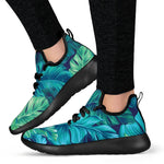 Turquoise Tropical Leaf Pattern Print Mesh Knit Shoes GearFrost