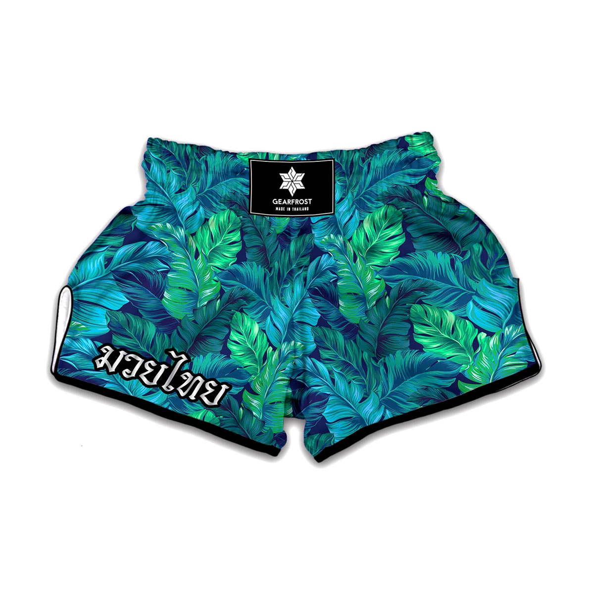 Turquoise Tropical Leaf Pattern Print Muay Thai Boxing Shorts