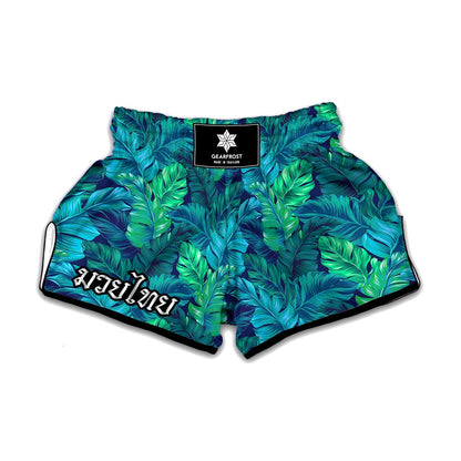 Turquoise Tropical Leaf Pattern Print Muay Thai Boxing Shorts
