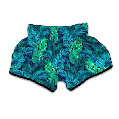 Turquoise Tropical Leaf Pattern Print Muay Thai Boxing Shorts