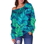 Turquoise Tropical Leaf Pattern Print Off Shoulder Sweatshirt GearFrost