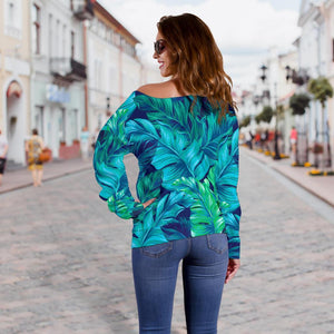 Turquoise Tropical Leaf Pattern Print Off Shoulder Sweatshirt GearFrost