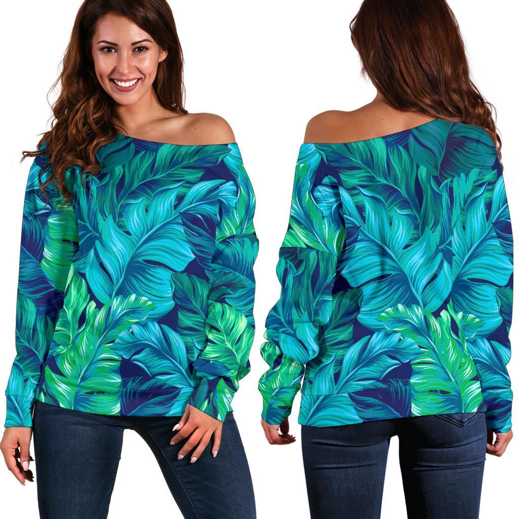 Turquoise Tropical Leaf Pattern Print Off Shoulder Sweatshirt GearFrost