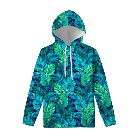 Turquoise Tropical Leaf Pattern Print Pullover Hoodie