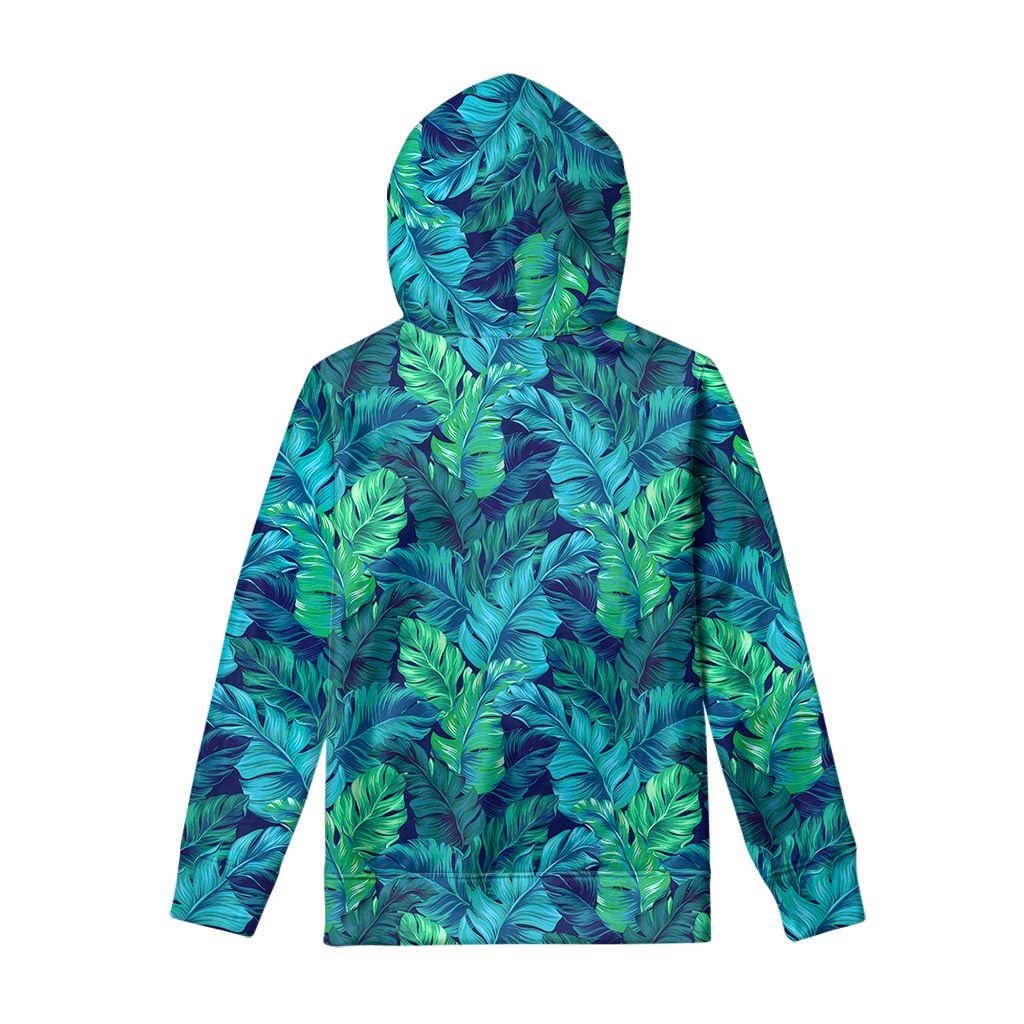 Turquoise Tropical Leaf Pattern Print Pullover Hoodie