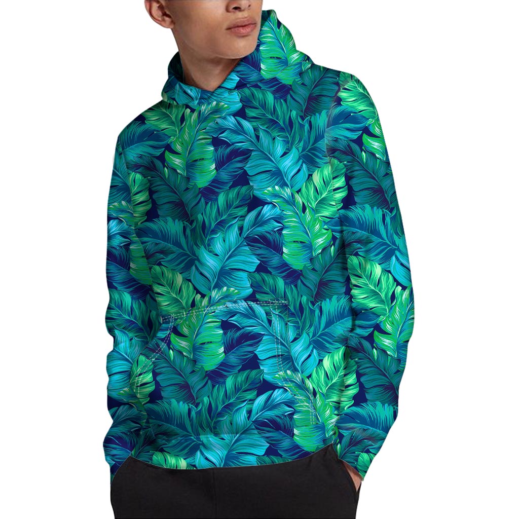 Turquoise Tropical Leaf Pattern Print Pullover Hoodie