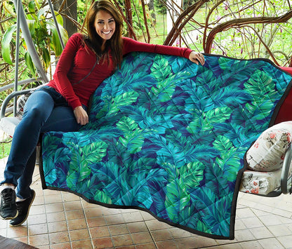 Turquoise Tropical Leaf Pattern Print Quilt