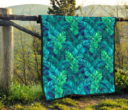 Turquoise Tropical Leaf Pattern Print Quilt