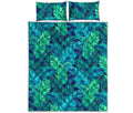 Turquoise Tropical Leaf Pattern Print Quilt Bed Set