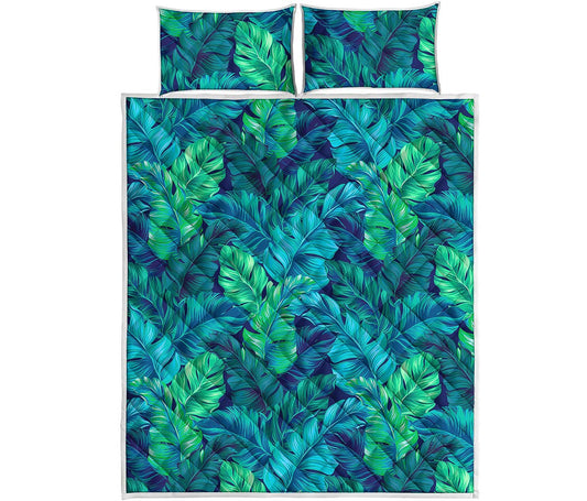 Turquoise Tropical Leaf Pattern Print Quilt Bed Set