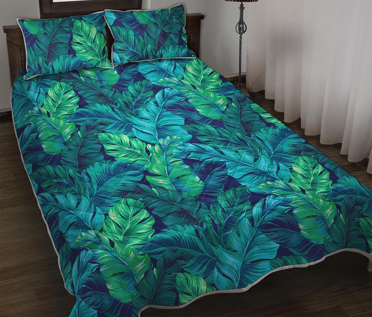 Turquoise Tropical Leaf Pattern Print Quilt Bed Set