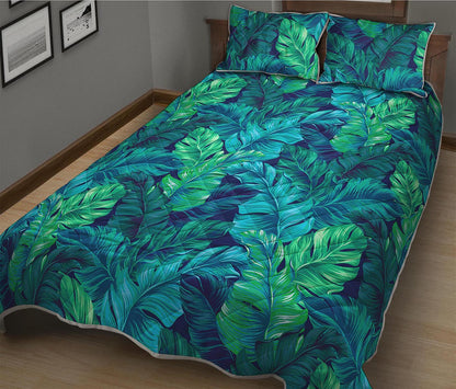 Turquoise Tropical Leaf Pattern Print Quilt Bed Set