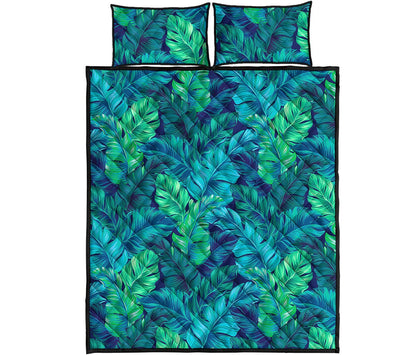 Turquoise Tropical Leaf Pattern Print Quilt Bed Set
