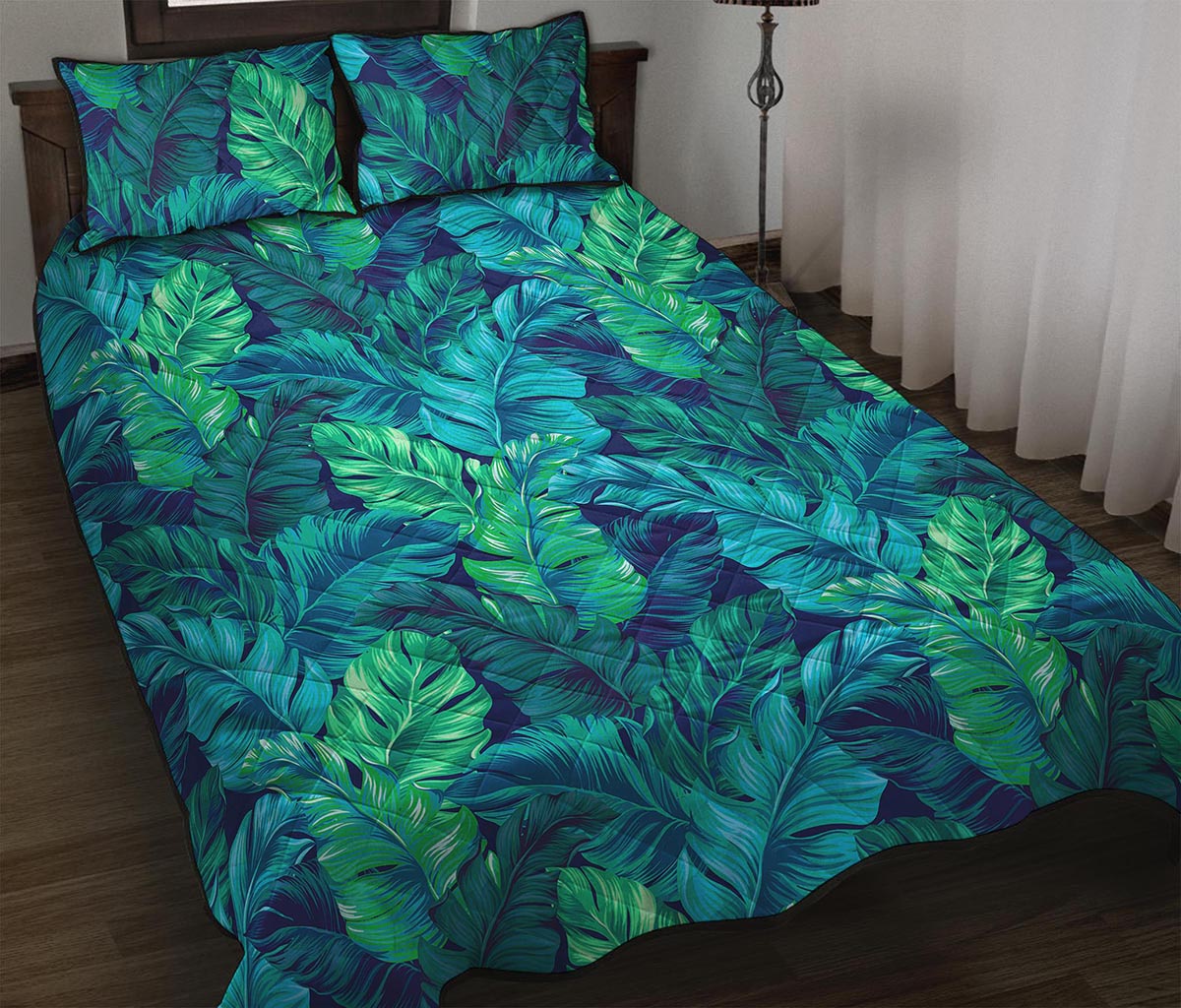 Turquoise Tropical Leaf Pattern Print Quilt Bed Set