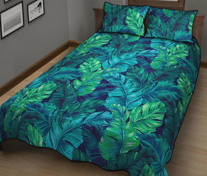 Turquoise Tropical Leaf Pattern Print Quilt Bed Set