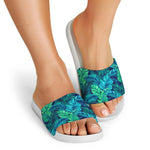 Turquoise Tropical Leaf Pattern Print White Slide Sandals