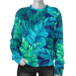 Turquoise Tropical Leaf Pattern Print Women's Crewneck Sweatshirt GearFrost