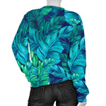 Turquoise Tropical Leaf Pattern Print Women's Crewneck Sweatshirt GearFrost