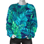 Turquoise Tropical Leaf Pattern Print Women's Crewneck Sweatshirt GearFrost