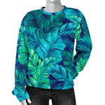 Turquoise Tropical Leaf Pattern Print Women's Crewneck Sweatshirt GearFrost