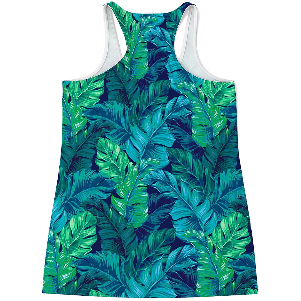 Turquoise Tropical Leaf Pattern Print Women's Racerback Tank Top