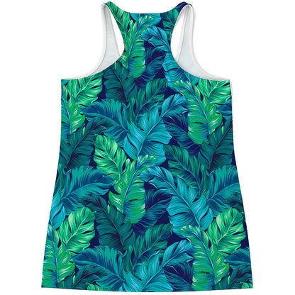 Turquoise Tropical Leaf Pattern Print Women's Racerback Tank Top