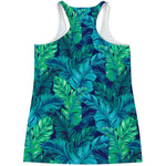Turquoise Tropical Leaf Pattern Print Women's Racerback Tank Top
