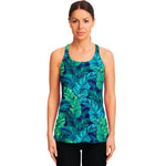 Turquoise Tropical Leaf Pattern Print Women's Racerback Tank Top