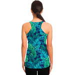Turquoise Tropical Leaf Pattern Print Women's Racerback Tank Top