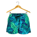 Turquoise Tropical Leaf Pattern Print Women's Shorts
