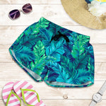 Turquoise Tropical Leaf Pattern Print Women's Shorts
