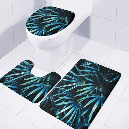 Turquoise Tropical Leaves Print 3 Piece Bath Mat Set