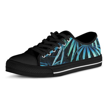Turquoise Tropical Leaves Print Black Low Top Shoes