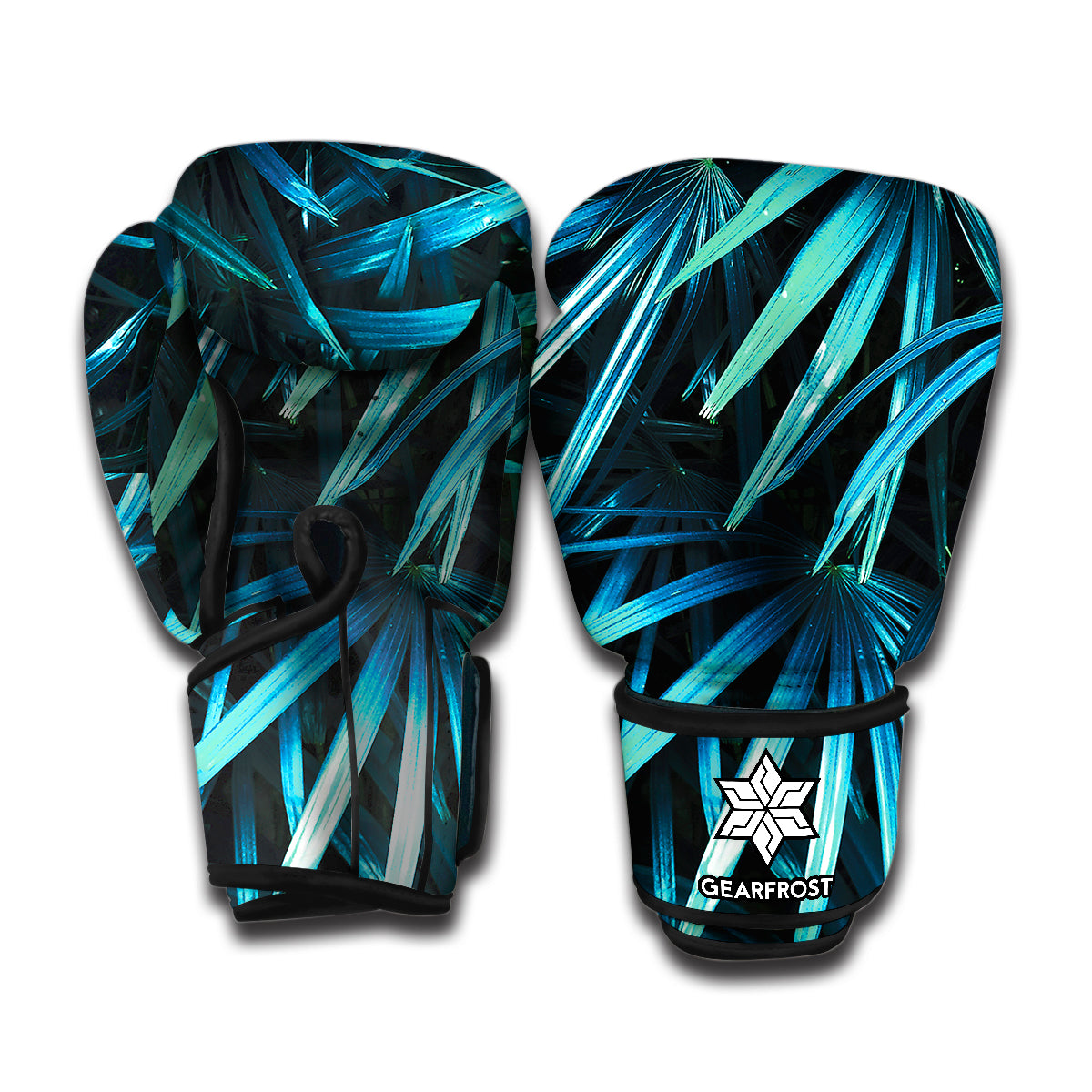 Turquoise Tropical Leaves Print Boxing Gloves