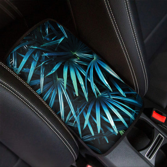 Turquoise Tropical Leaves Print Car Center Console Cover