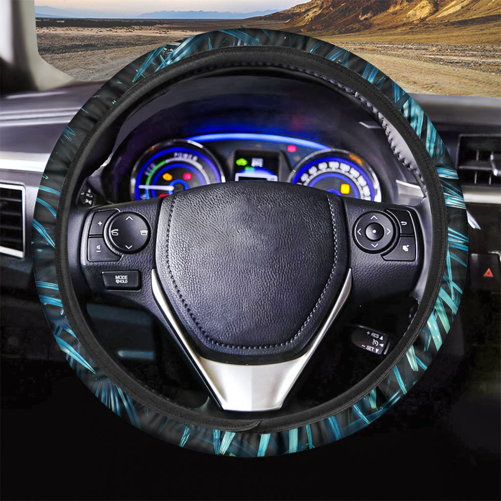 Turquoise Tropical Leaves Print Car Steering Wheel Cover
