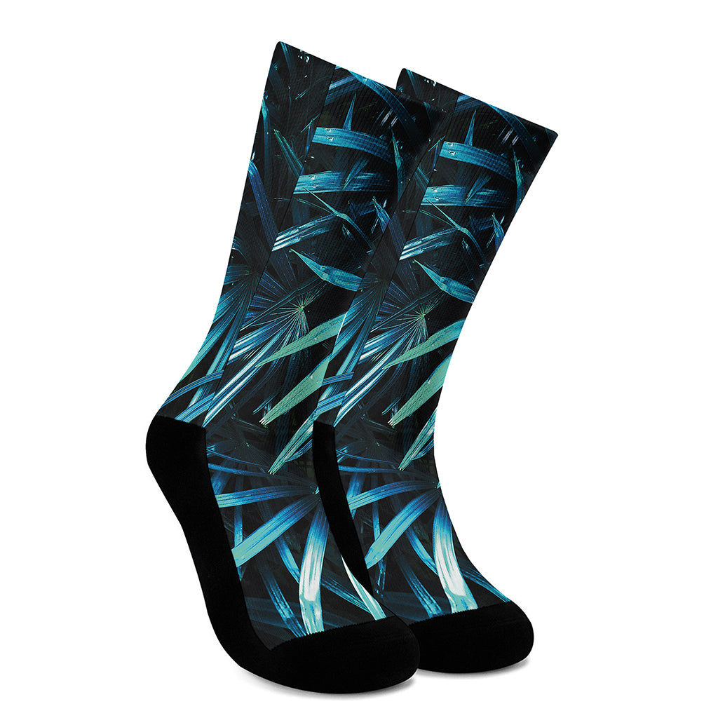 Turquoise Tropical Leaves Print Crew Socks