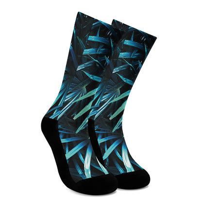 Turquoise Tropical Leaves Print Crew Socks